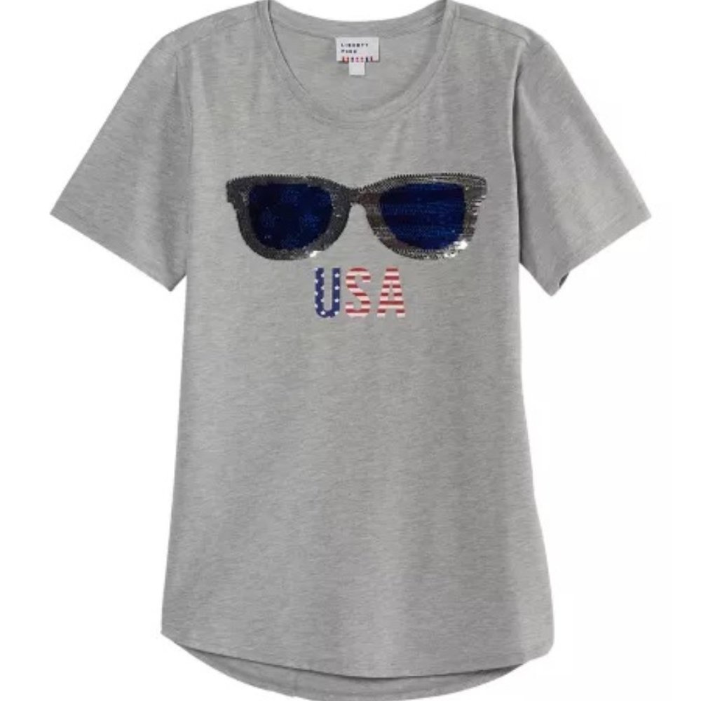 New Directions Women’s Eyeglass Flip Sequin American Flag Crew Neck Knit Top NWT